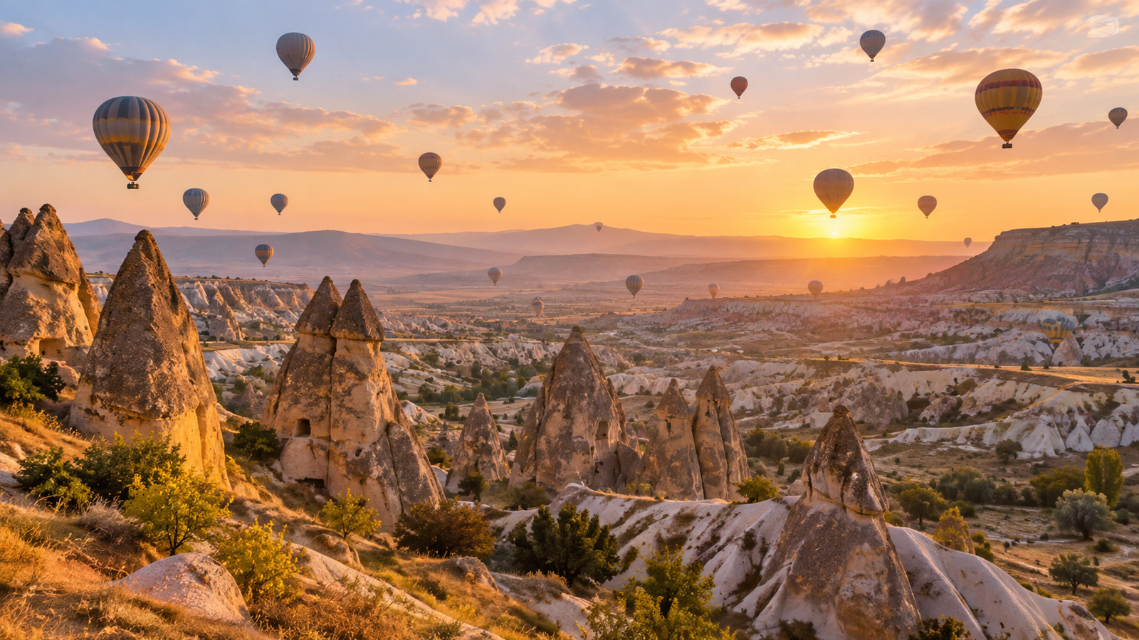 Kapadokya vadileri üzerinde gün doğumunda süzülen sıcak hava balonları — temsili görsel